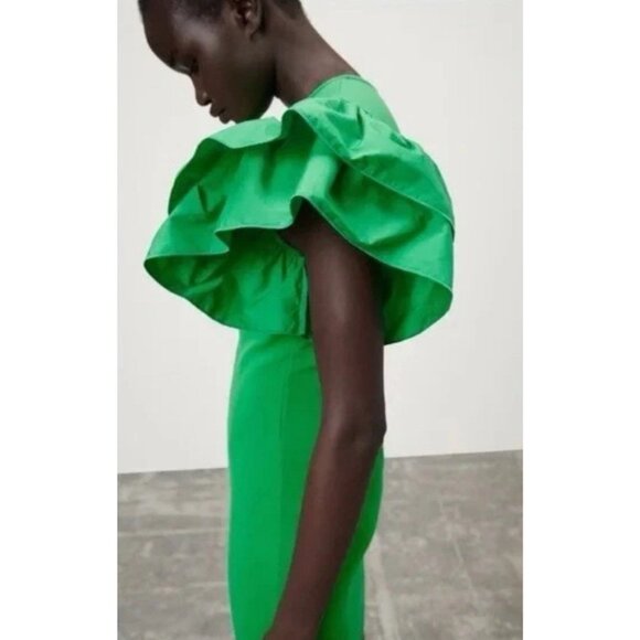 NWT Zara Dress Women’s Size S Small Ruffle Puff Sleeve Mini Body Con Green - Picture 2 of 9